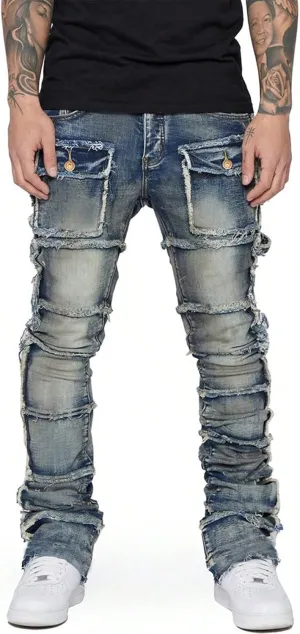 Stretch Stacked Jeans Mens Slim Fit Ripped Cargo Jeans Distressed Straight Leg Hip Hop Trousers with Pockets