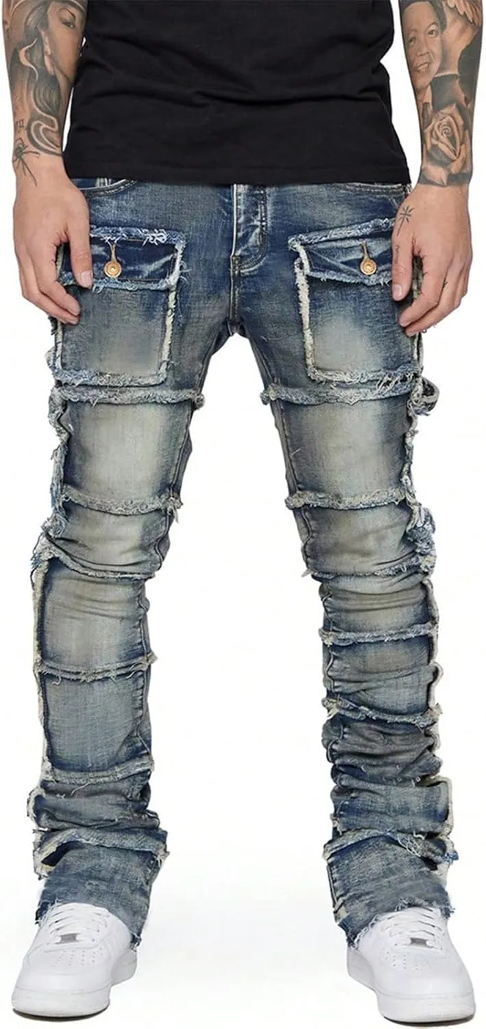 Stretch Stacked Jeans Mens Slim Fit Ripped Cargo Jeans Distressed Straight Leg Hip Hop Trousers with Pockets