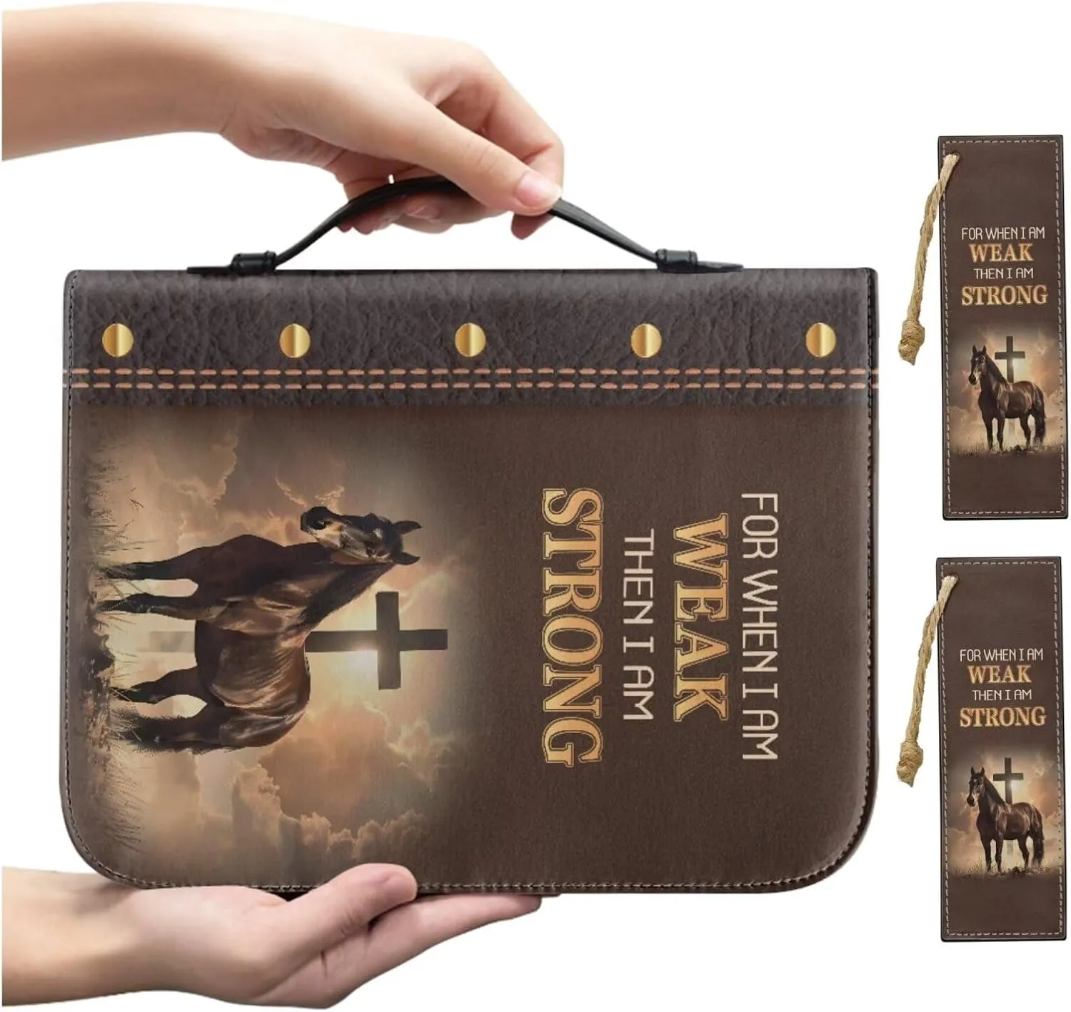 Strong Horse Cross Brown Print Faux Leather Bible Covers for Women Men Book Carrying Case with Bookmarks Zippered Bible Carrier Bag Book Protector Christian Bag, M