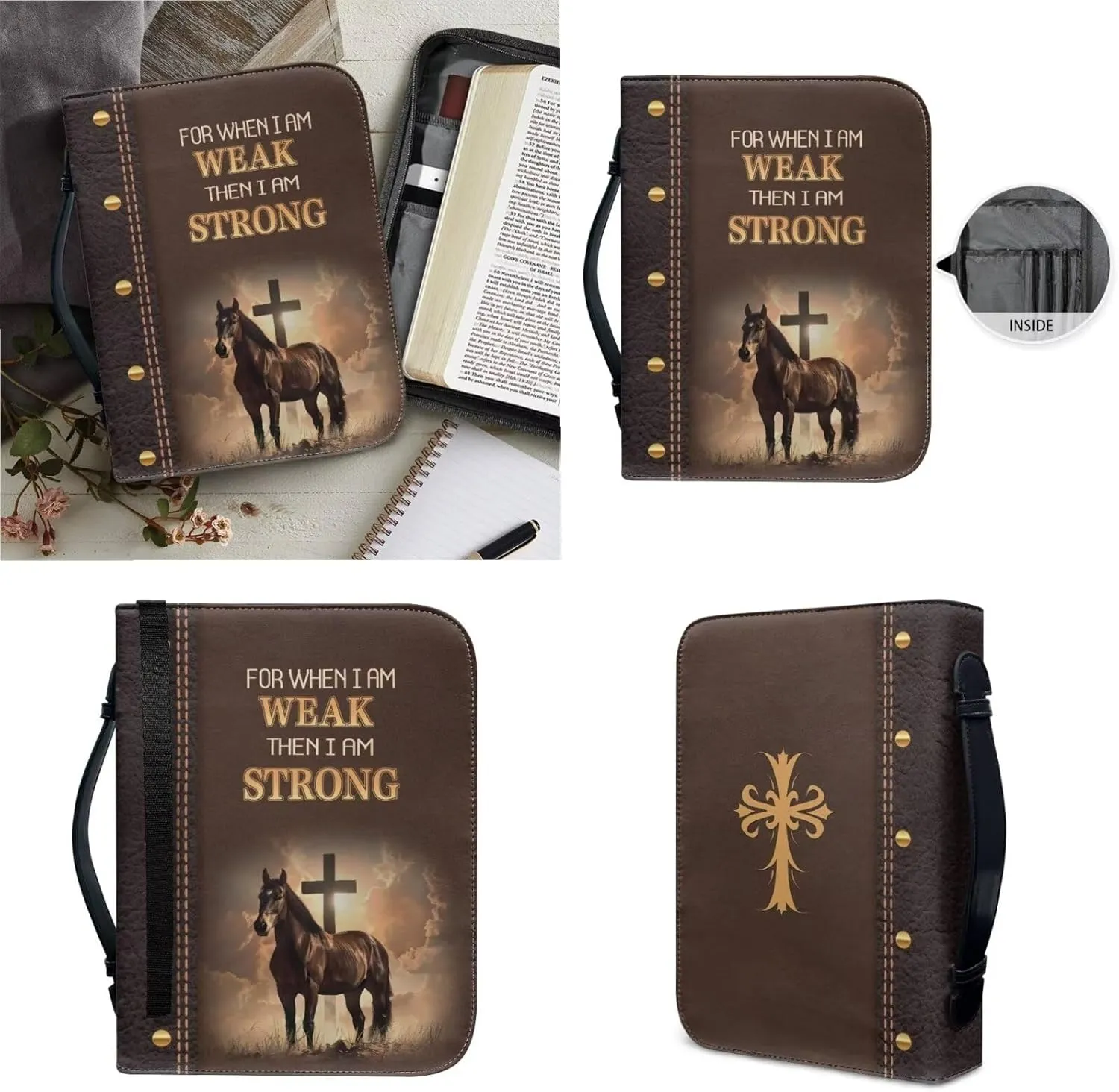 Strong Horse Cross Brown Print Faux Leather Bible Covers for Women Men Book Carrying Case with Bookmarks Zippered Bible Carrier Bag Book Protector Christian Bag, M