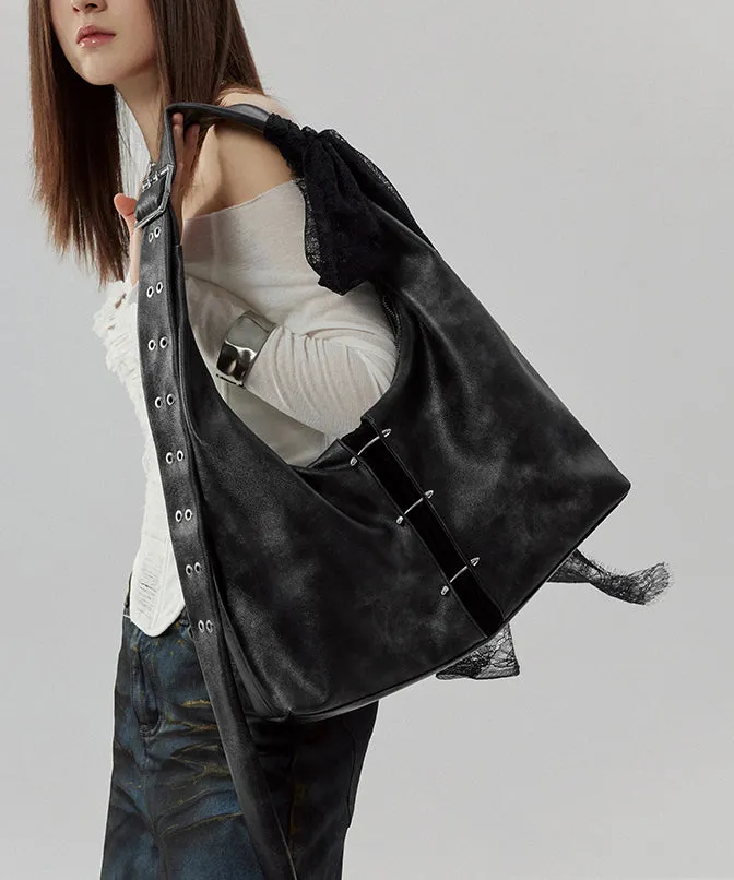 Stylish Black Lace Large Capacity Faux Leather Satchel Handbag