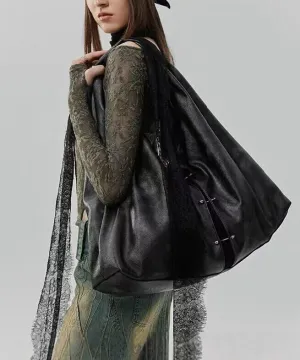 Stylish Black Lace Large Capacity Faux Leather Satchel Handbag