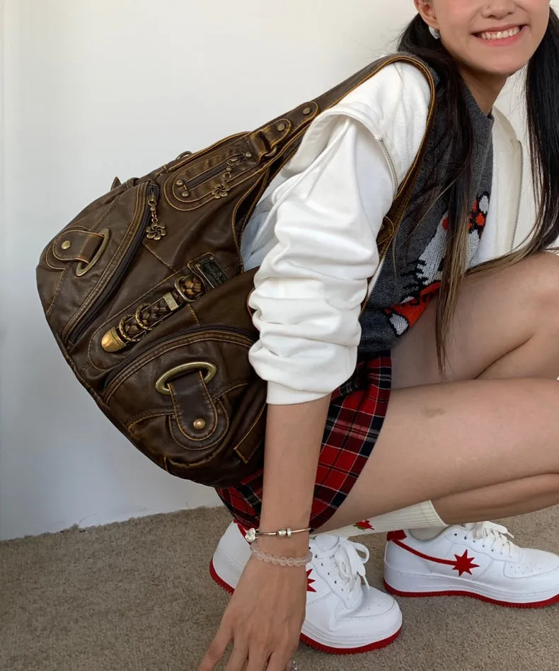 Stylish Brown Zippered Large Capacity Faux Leather Satchel Handbag
