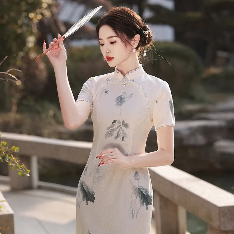 Summer Elegant Beaded Collar Qipao Dress Linen Composite Literary Cheongsam for Women