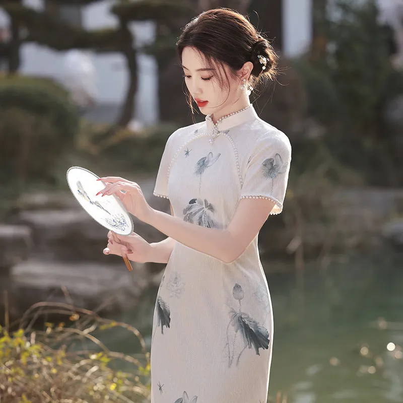 Summer Elegant Beaded Collar Qipao Dress Linen Composite Literary Cheongsam for Women