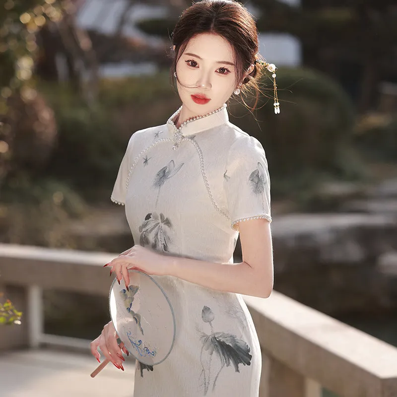 Summer Elegant Beaded Collar Qipao Dress Linen Composite Literary Cheongsam for Women