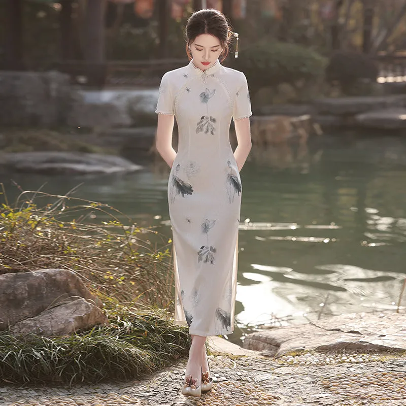 Summer Elegant Beaded Collar Qipao Dress Linen Composite Literary Cheongsam for Women
