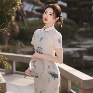 Summer Elegant Beaded Collar Qipao Dress Linen Composite Literary Cheongsam for Women