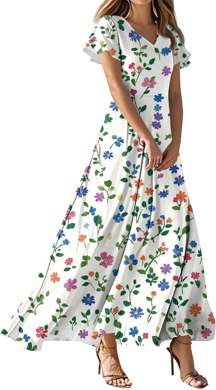 Summer Outfits for Women,Women's Loose Casual V-Neck Short Sleeved High Waisted Print Chiffon Dress