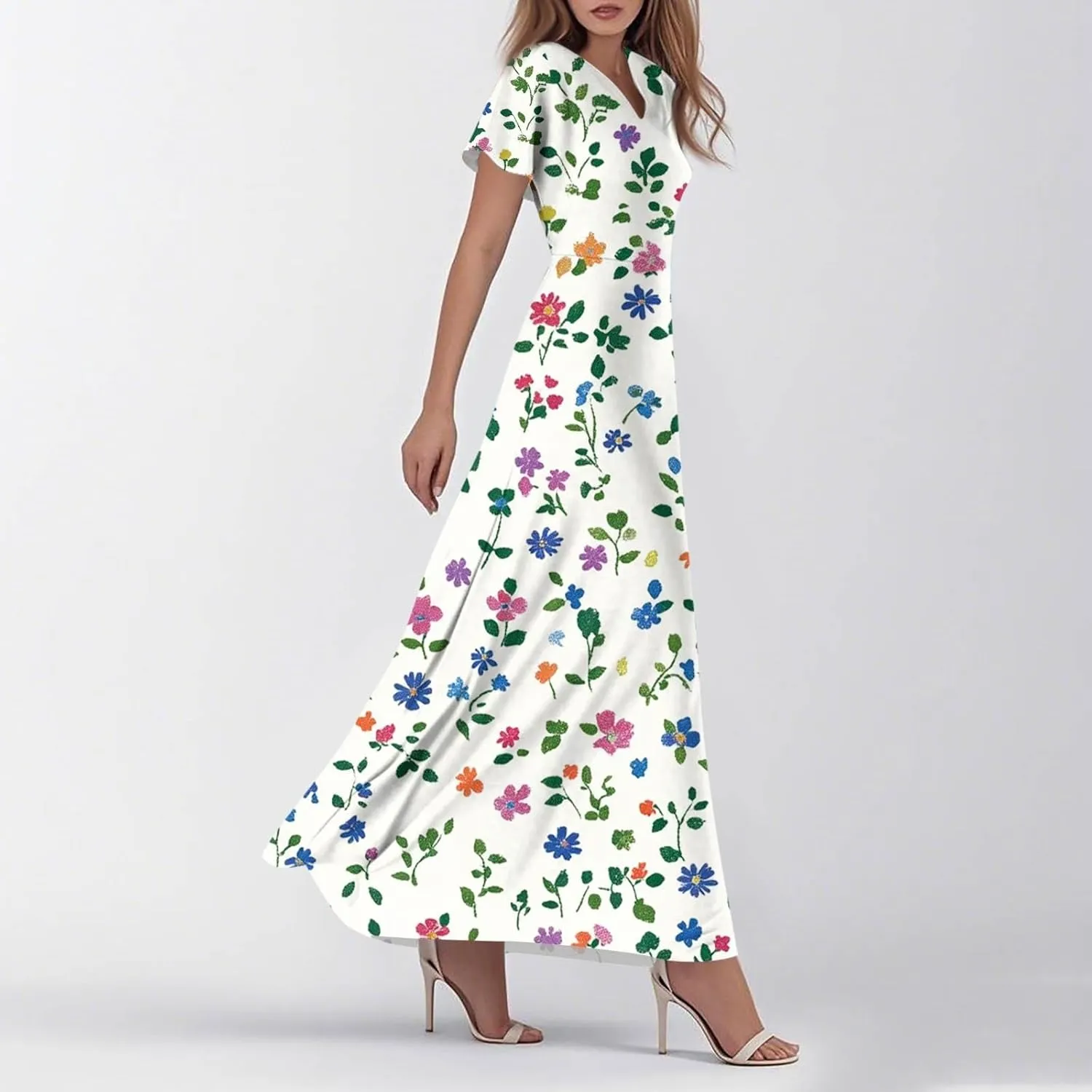 Summer Outfits for Women,Women's Loose Casual V-Neck Short Sleeved High Waisted Print Chiffon Dress