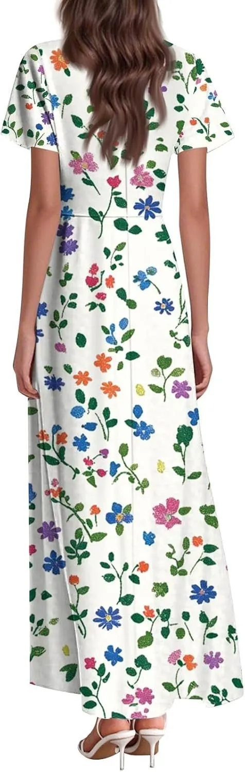 Summer Outfits for Women,Women's Loose Casual V-Neck Short Sleeved High Waisted Print Chiffon Dress