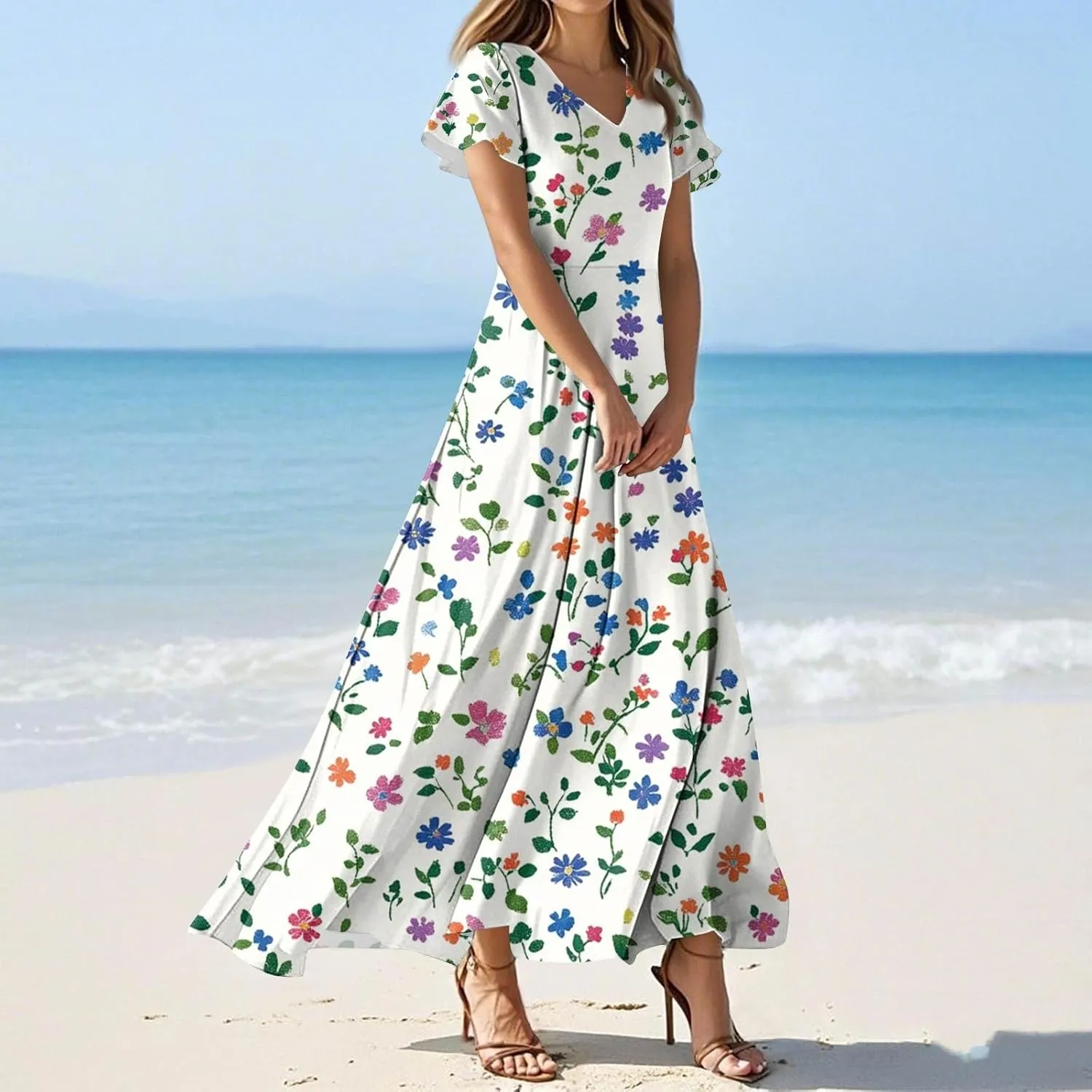 Summer Outfits for Women,Women's Loose Casual V-Neck Short Sleeved High Waisted Print Chiffon Dress