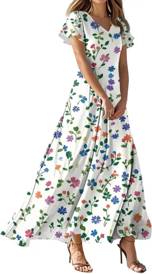 Summer Outfits for Women,Women's Loose Casual V-Neck Short Sleeved High Waisted Print Chiffon Dress