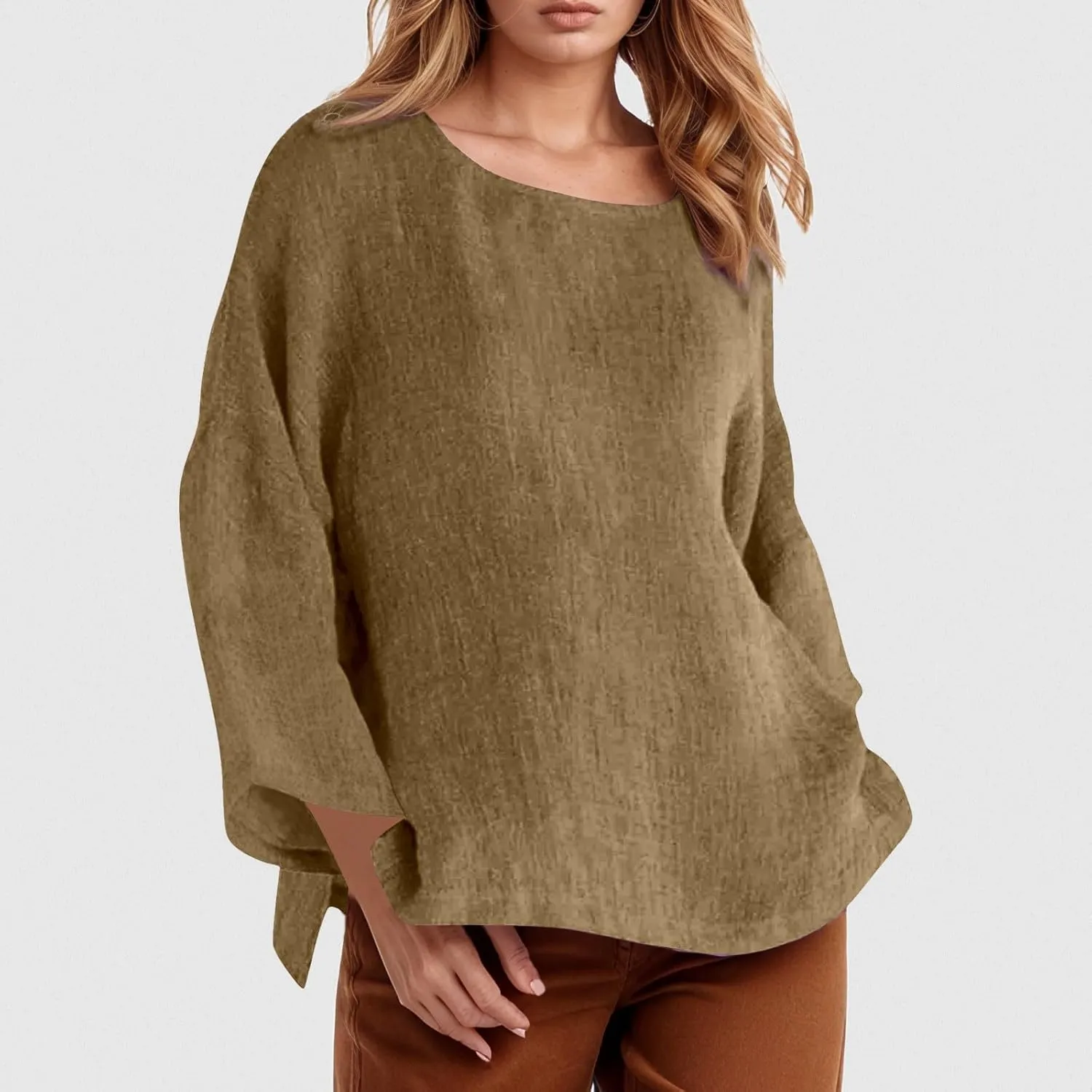 Summer Shirts for Women 2025 3/4 Length Sleeve Crew Neck Blouse Cotton Linen Shirts Casual Solid Color Basic Tops