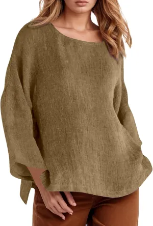 Summer Shirts for Women 2025 3/4 Length Sleeve Crew Neck Blouse Cotton Linen Shirts Casual Solid Color Basic Tops