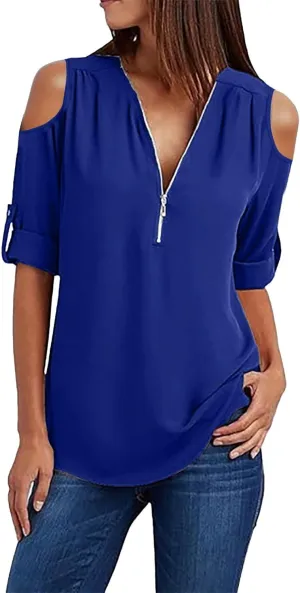 Summer Shirts for Women Lightweight Breathable Loose Fit Tops Casual Fashion Zipper Off Shoulder Rolled Sleeve Tshirt
