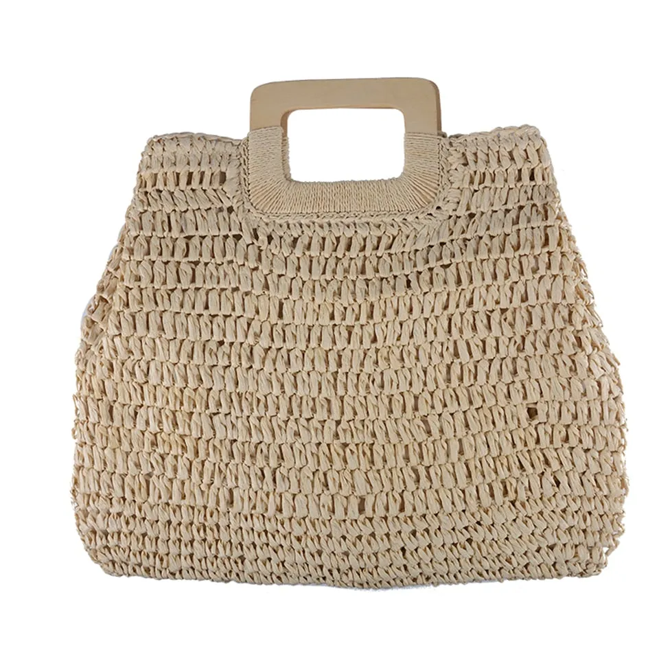 Summer Straw Handbag Wooden Handle Large Capacity Paper Rope Woven Straw Bag 2024 New Fashion Summer Vacation Travel Beach Bag