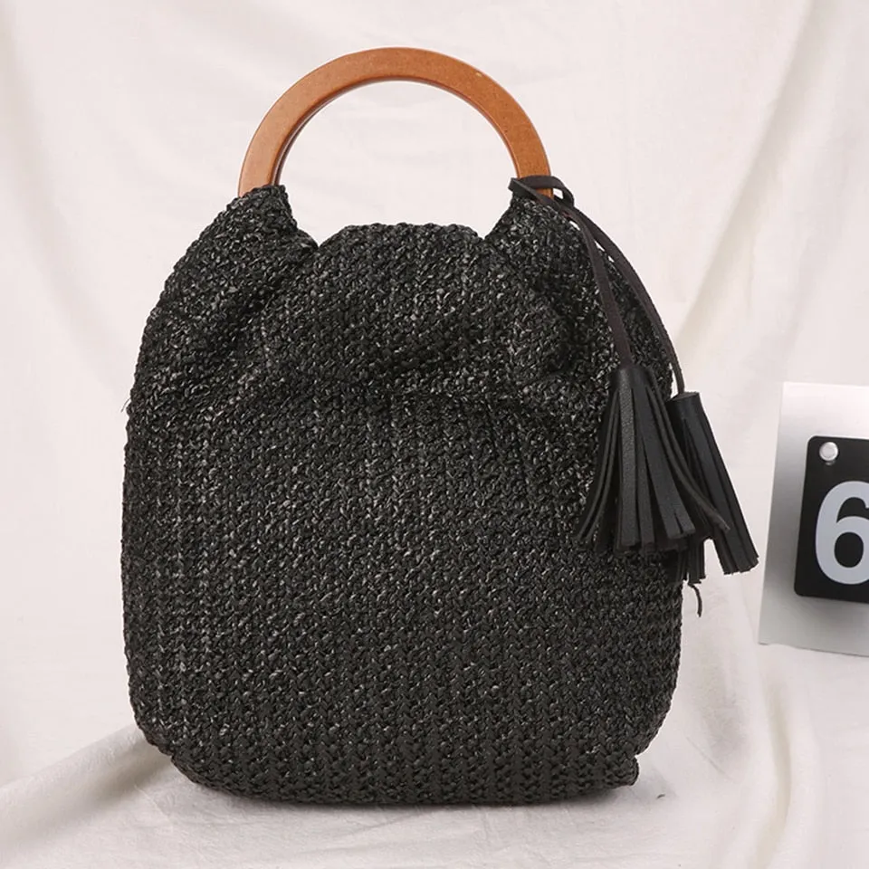 Summer Straw Handbag Wooden Handle Large Capacity Paper Rope Woven Straw Bag 2024 New Fashion Summer Vacation Travel Beach Bag