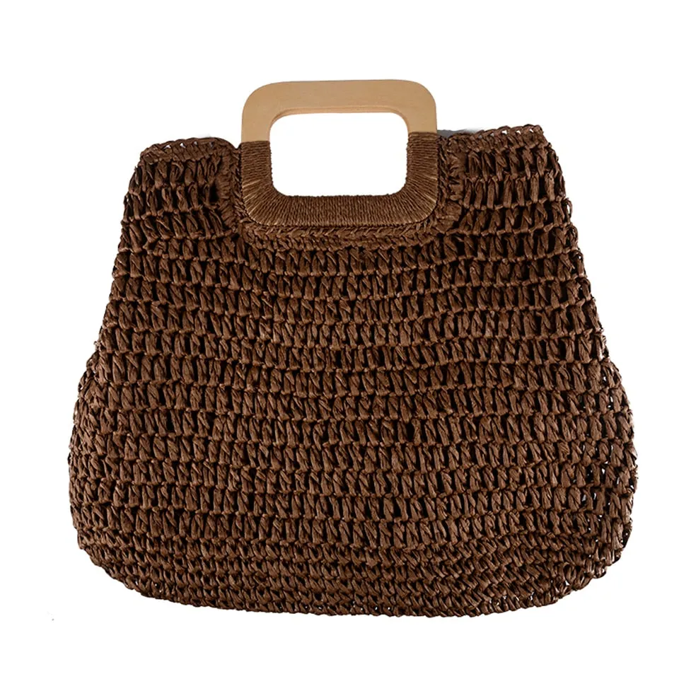 Summer Straw Handbag Wooden Handle Large Capacity Paper Rope Woven Straw Bag 2024 New Fashion Summer Vacation Travel Beach Bag