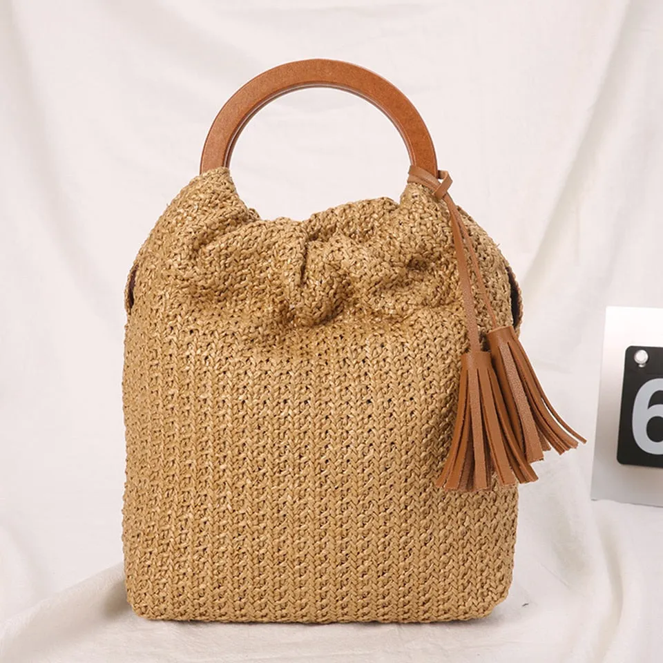 Summer Straw Handbag Wooden Handle Large Capacity Paper Rope Woven Straw Bag 2024 New Fashion Summer Vacation Travel Beach Bag