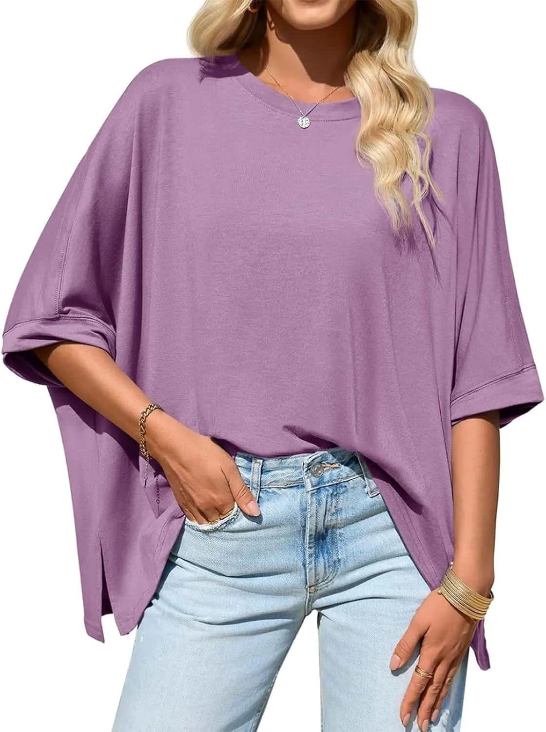 Summer Tops for Women Casual Loose Short Sleeve Round Neck Solid Color Split T-Shirt Tops Tshirts Shirts, S-2XL