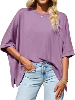 Summer Tops for Women Casual Loose Short Sleeve Round Neck Solid Color Split T-Shirt Tops Tshirts Shirts, S-2XL