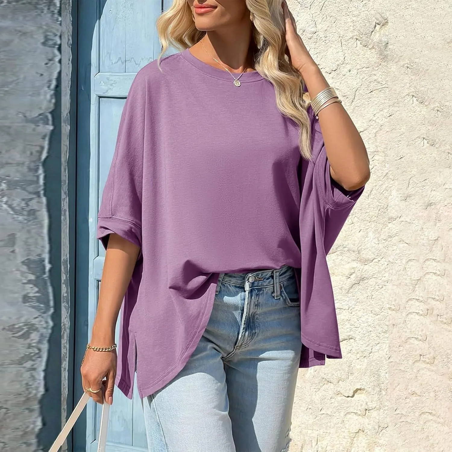 Summer Tops for Women Casual Loose Short Sleeve Round Neck Solid Color Split T-Shirt Tops Tshirts Shirts, S-2XL