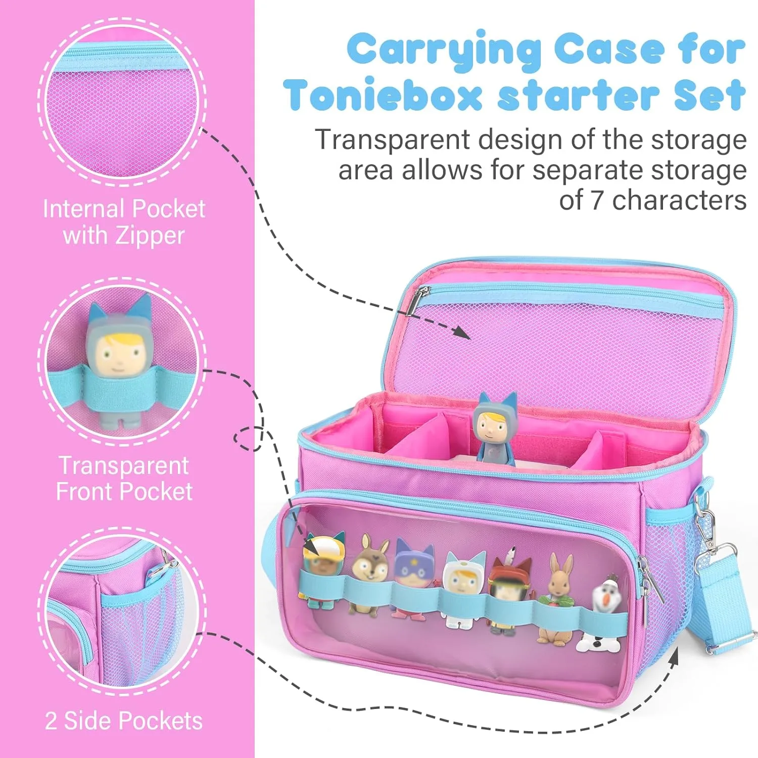 Sun3drucker Carrying Bag for Toniebox Starter Set - Carrying Case for Toniebox, Tonie Figures,Headphones and Charging Station, Portable Storage Bag with Shoulder Strap and Handle Bar (Pink-purple)