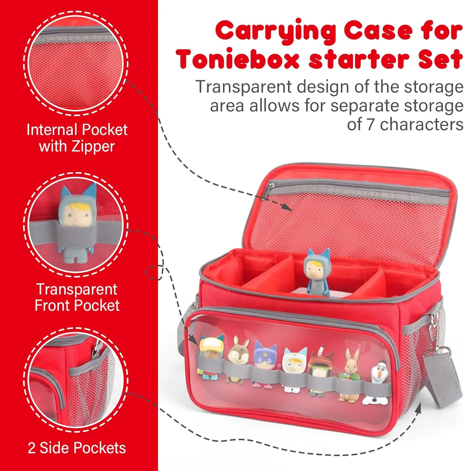 Sun3drucker Carrying Bag for Toniebox Starter Set - Carrying Case for Toniebox, Tonie Figures,Headphones and Charging Station, Portable Storage Bag with Shoulder Strap and Handle Bar (Red)