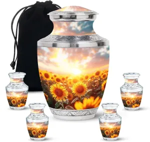 Sunflower Twilight - Large Urn for Mom & Dad - Combo of 1 Large Urns with Velvet Bag and 4 Small - Urns for Human Ashes Adult Men - Small Urns for Ashes - Cremation Urns Small - Funeral Urns