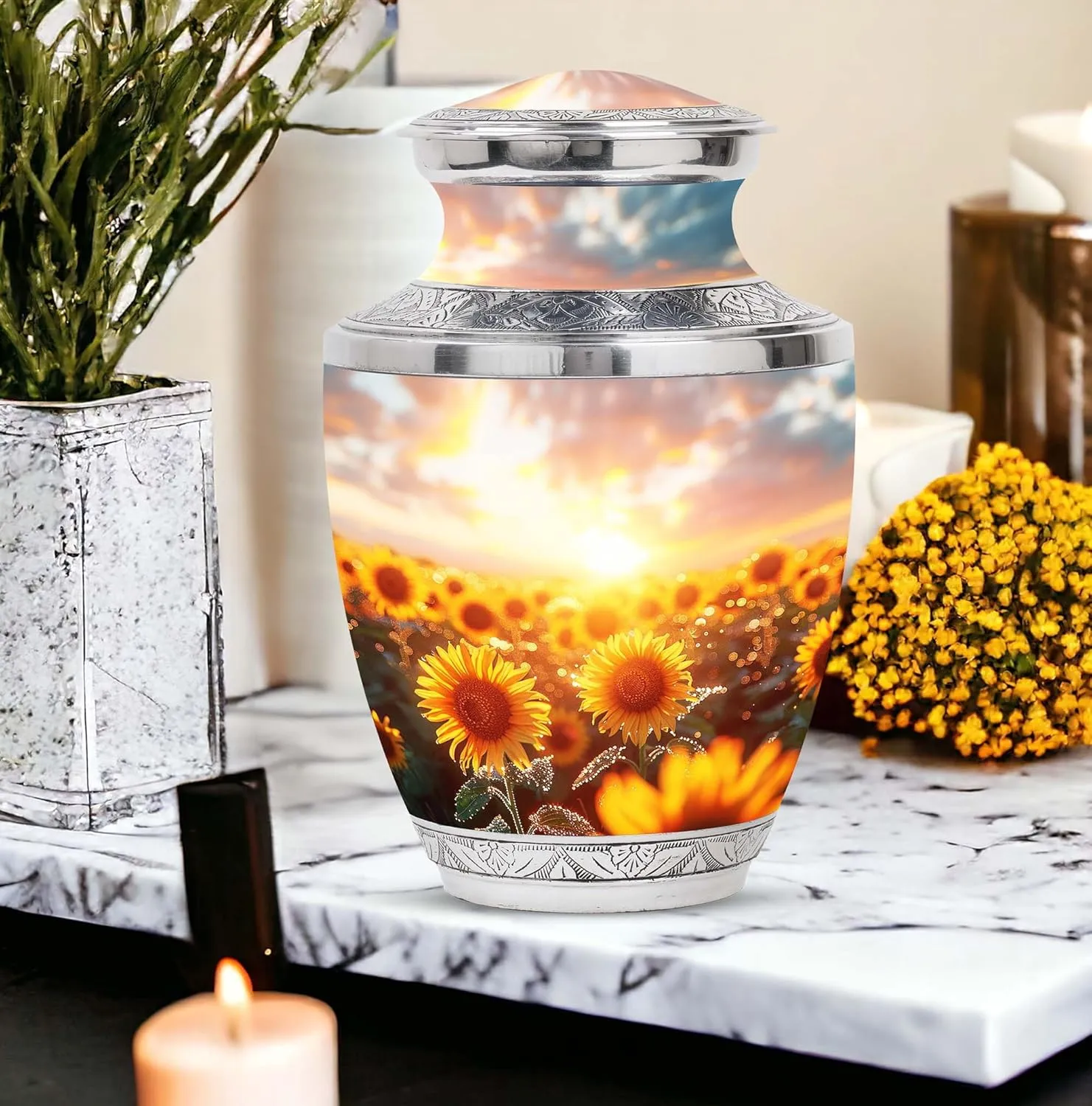 Sunflower Twilight - Large Urn for Mom & Dad - Combo of 1 Large Urns with Velvet Bag and 4 Small - Urns for Human Ashes Adult Men - Small Urns for Ashes - Cremation Urns Small - Funeral Urns