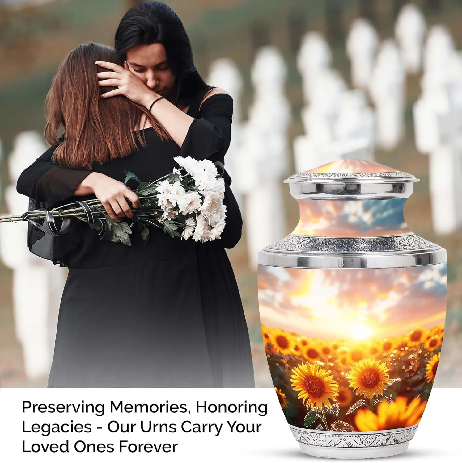 Sunflower Twilight - Large Urn for Mom & Dad - Combo of 1 Large Urns with Velvet Bag and 4 Small - Urns for Human Ashes Adult Men - Small Urns for Ashes - Cremation Urns Small - Funeral Urns