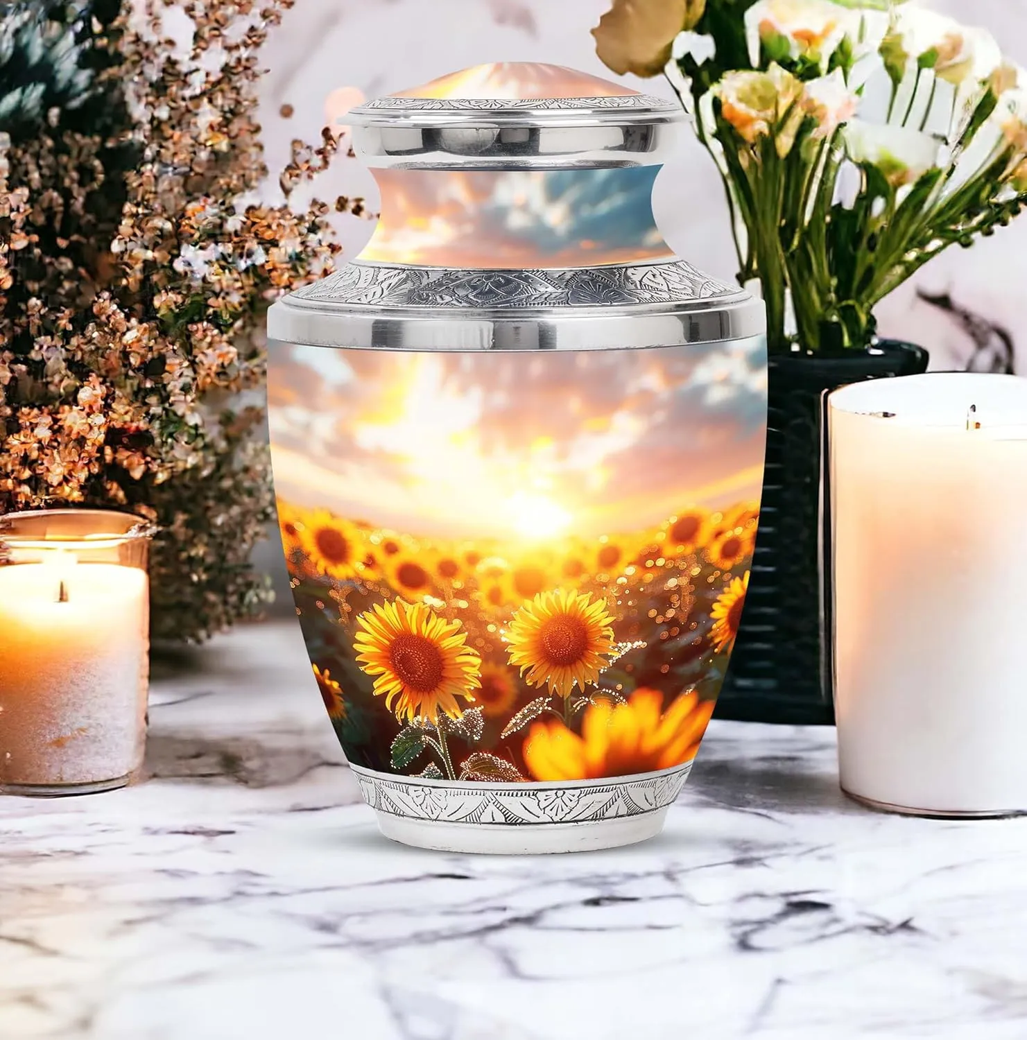 Sunflower Twilight - Large Urn for Mom & Dad - Combo of 1 Large Urns with Velvet Bag and 4 Small - Urns for Human Ashes Adult Men - Small Urns for Ashes - Cremation Urns Small - Funeral Urns