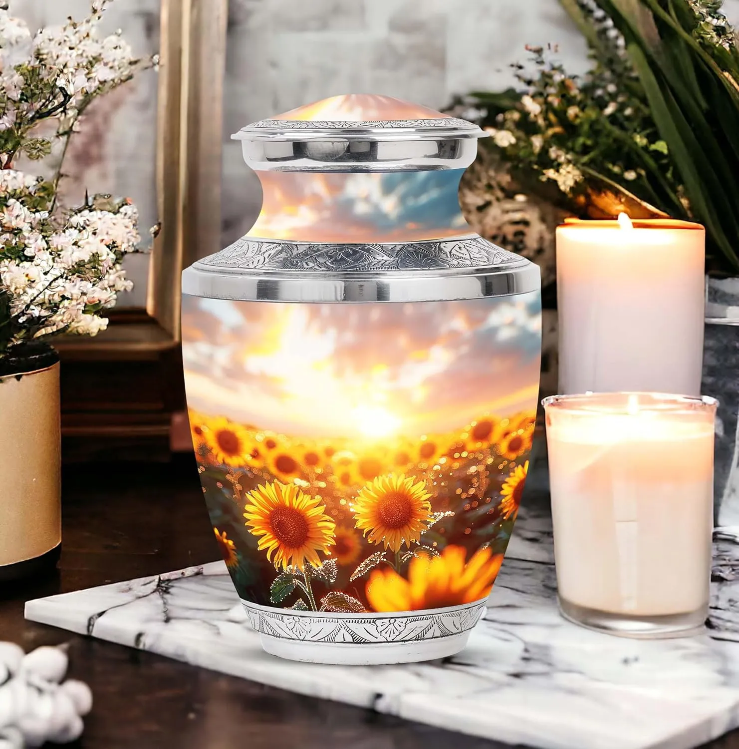 Sunflower Twilight - Large Urn for Mom & Dad - Combo of 1 Large Urns with Velvet Bag and 4 Small - Urns for Human Ashes Adult Men - Small Urns for Ashes - Cremation Urns Small - Funeral Urns