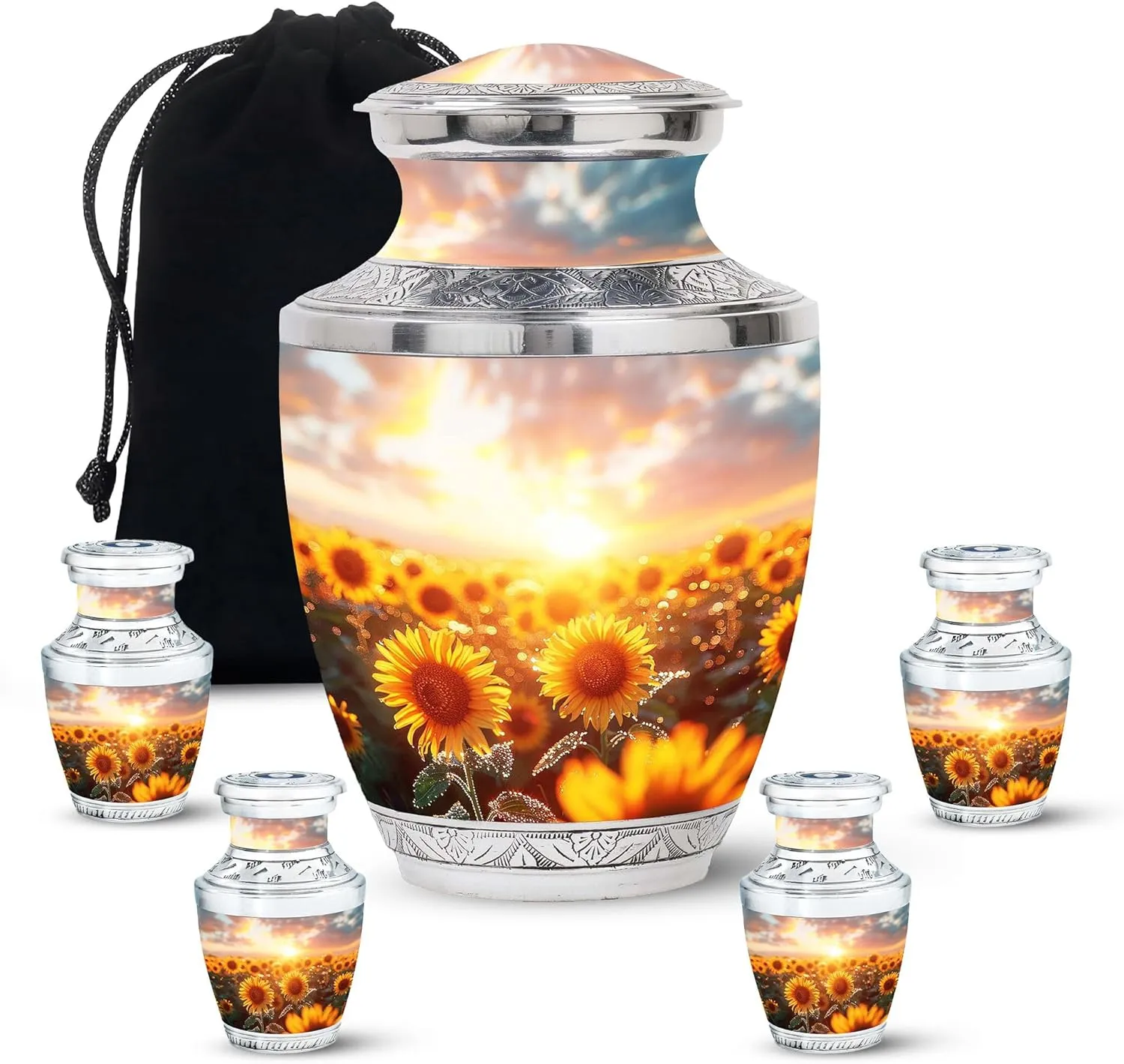 Sunflower Twilight - Large Urn for Mom & Dad - Combo of 1 Large Urns with Velvet Bag and 4 Small - Urns for Human Ashes Adult Men - Small Urns for Ashes - Cremation Urns Small - Funeral Urns