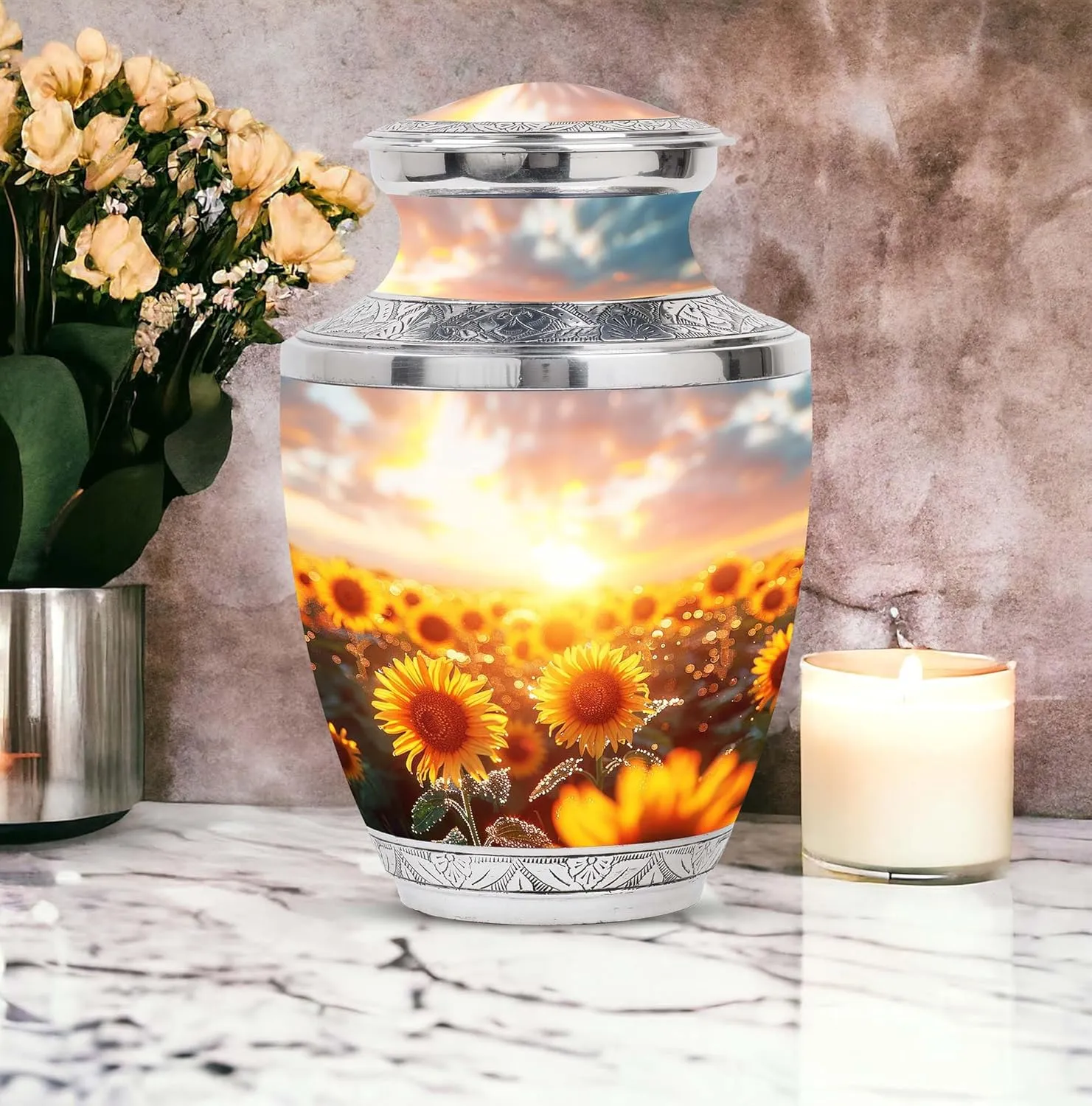 Sunflower Twilight - Large Urn for Mom & Dad - Combo of 1 Large Urns with Velvet Bag and 4 Small - Urns for Human Ashes Adult Men - Small Urns for Ashes - Cremation Urns Small - Funeral Urns