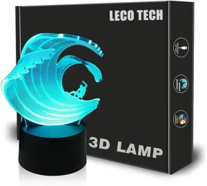 Surfing Night Light Table Bedside Lamp 3D Illusion Remote Control 16 Colors Changing, Perfect Gifts for Surfer Men Women Boys Girls Kids Lover Room Party Decorations