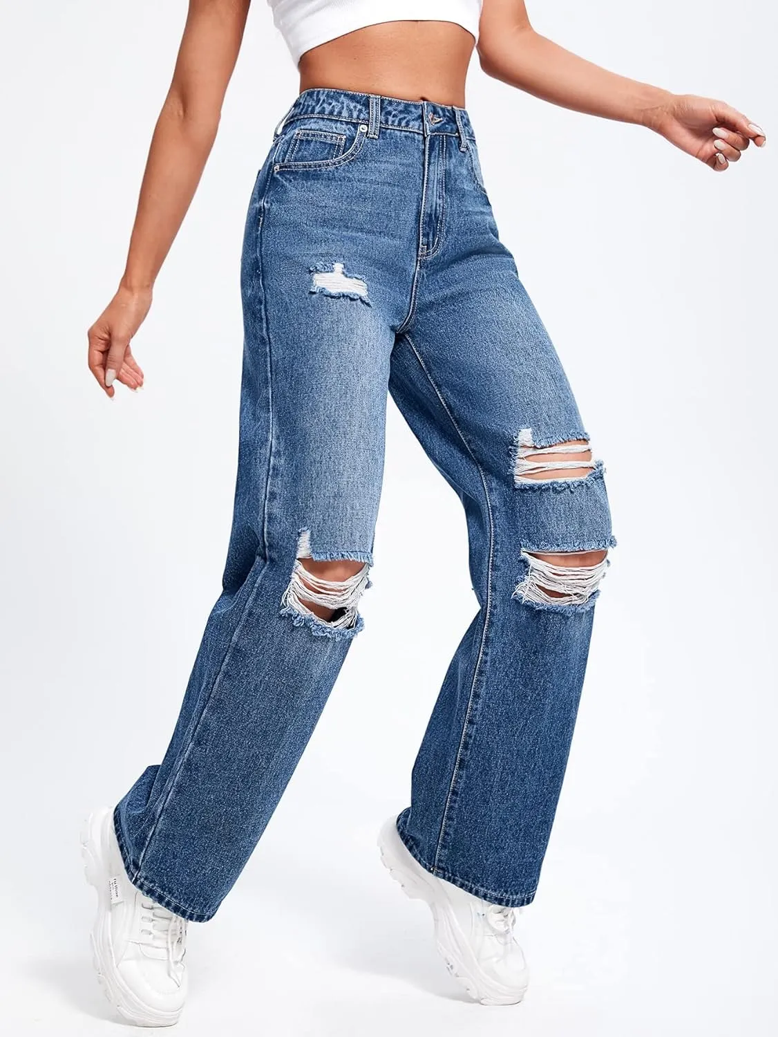 SweatyRocks Women's Ripped Straight Leg Jeans High Waist Distressed Cutout Denim Pants