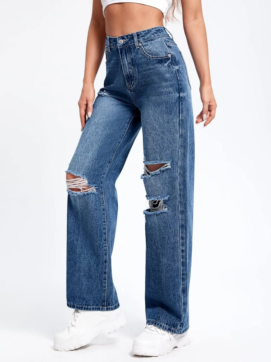 SweatyRocks Women's Ripped Straight Leg Jeans High Waist Distressed Cutout Denim Pants