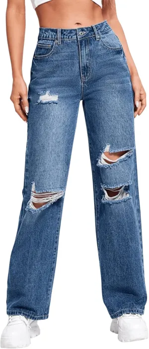 SweatyRocks Women's Ripped Straight Leg Jeans High Waist Distressed Cutout Denim Pants