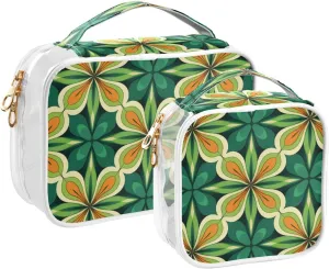 Symmetrical Leaves Travel Toiletry Bag for Women 2 Pack Clear Makeup Bag with Handles Waterproof Cosmetic Bag