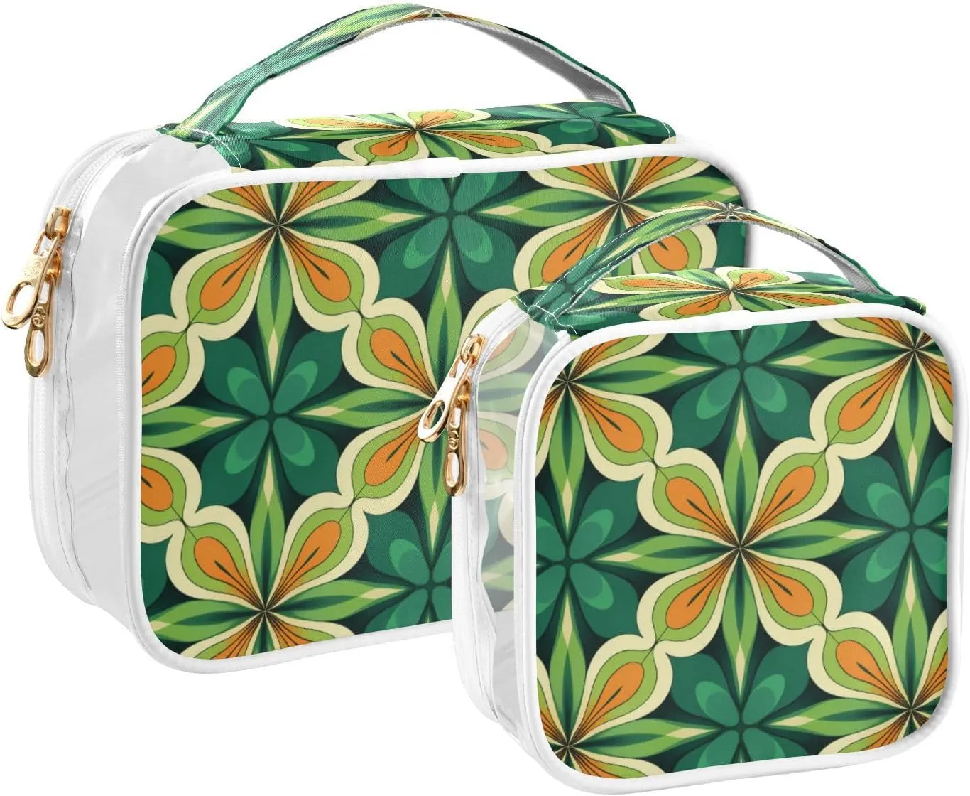 Symmetrical Leaves Travel Toiletry Bag for Women 2 Pack Clear Makeup Bag with Handles Waterproof Cosmetic Bag