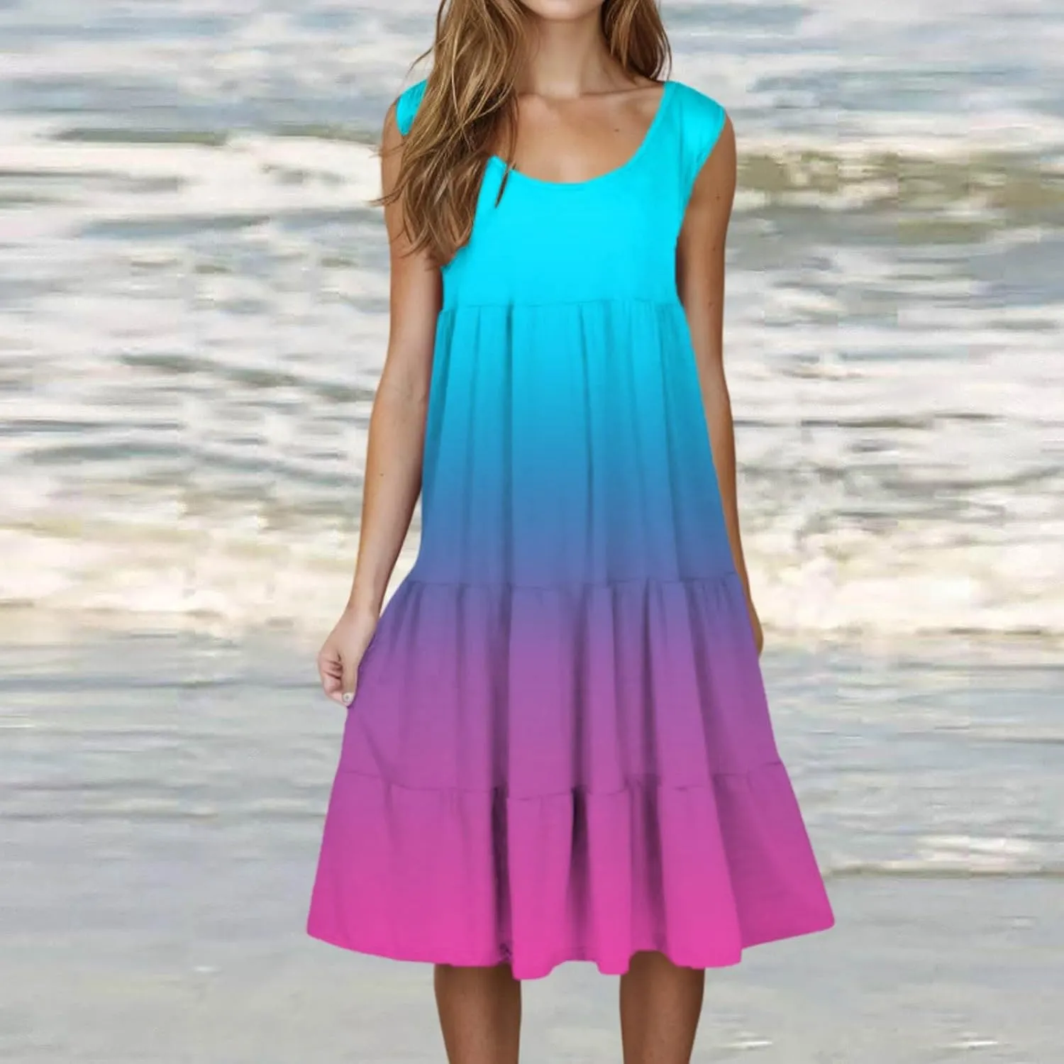 Tank Dress for Women 2025 Summer Boho Gradient Beach Vacation Sundress Sleeveless Pleated Ladies Tropical Dresses