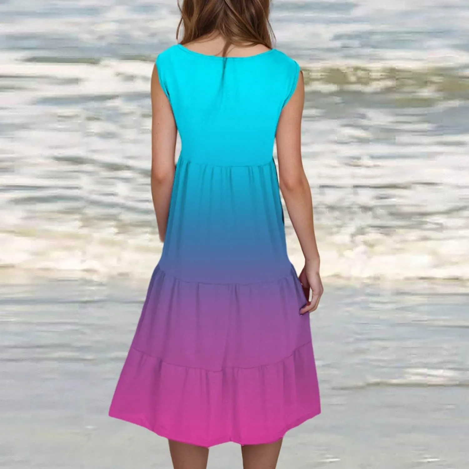 Tank Dress for Women 2025 Summer Boho Gradient Beach Vacation Sundress Sleeveless Pleated Ladies Tropical Dresses