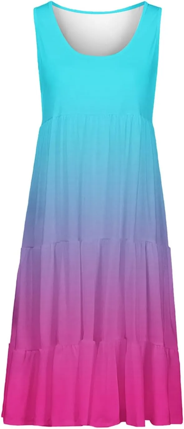Tank Dress for Women 2025 Summer Boho Gradient Beach Vacation Sundress Sleeveless Pleated Ladies Tropical Dresses