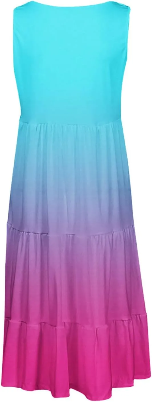 Tank Dress for Women 2025 Summer Boho Gradient Beach Vacation Sundress Sleeveless Pleated Ladies Tropical Dresses