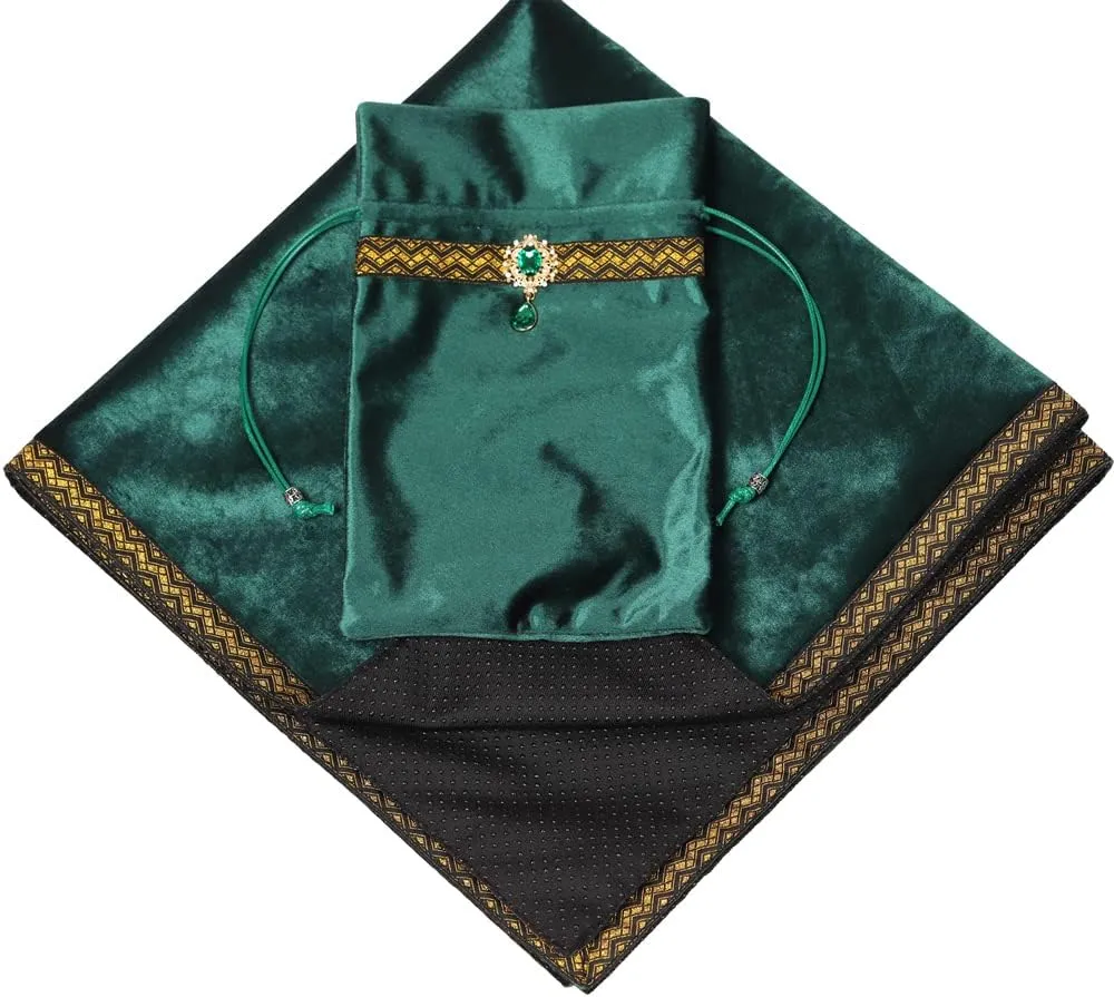Tarot Cards Divination Altar Cloth Witch Decor - Witchy Gifts，Fortune Teller's Recommendation - Acrylic Diamond Pendant - Thickened Velvet Non Slip (Green, 2-Piece Set with Medium Bag)