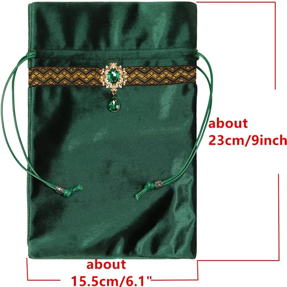 Tarot Cards Divination Altar Cloth Witch Decor - Witchy Gifts，Fortune Teller's Recommendation - Acrylic Diamond Pendant - Thickened Velvet Non Slip (Green, 2-Piece Set with Medium Bag)
