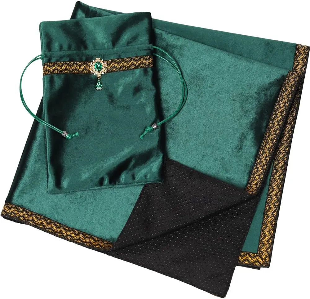 Tarot Cards Divination Altar Cloth Witch Decor - Witchy Gifts，Fortune Teller's Recommendation - Acrylic Diamond Pendant - Thickened Velvet Non Slip (Green, 2-Piece Set with Medium Bag)