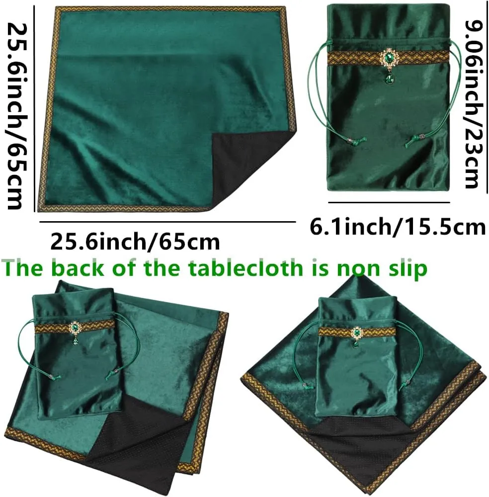Tarot Cards Divination Altar Cloth Witch Decor - Witchy Gifts，Fortune Teller's Recommendation - Acrylic Diamond Pendant - Thickened Velvet Non Slip (Green, 2-Piece Set with Medium Bag)